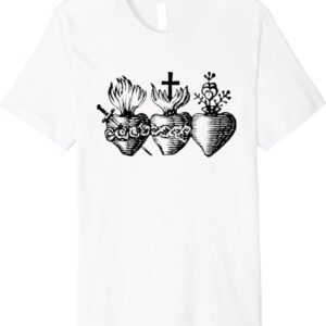 Sacred Hearts of Jesus Mary and Joseph Catholic Etching T-Shirt