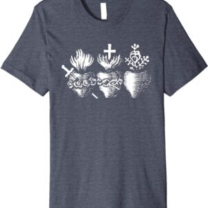 Sacred Hearts of Jesus Mary and Joseph Catholic Etching T-Shirt (Reversed)